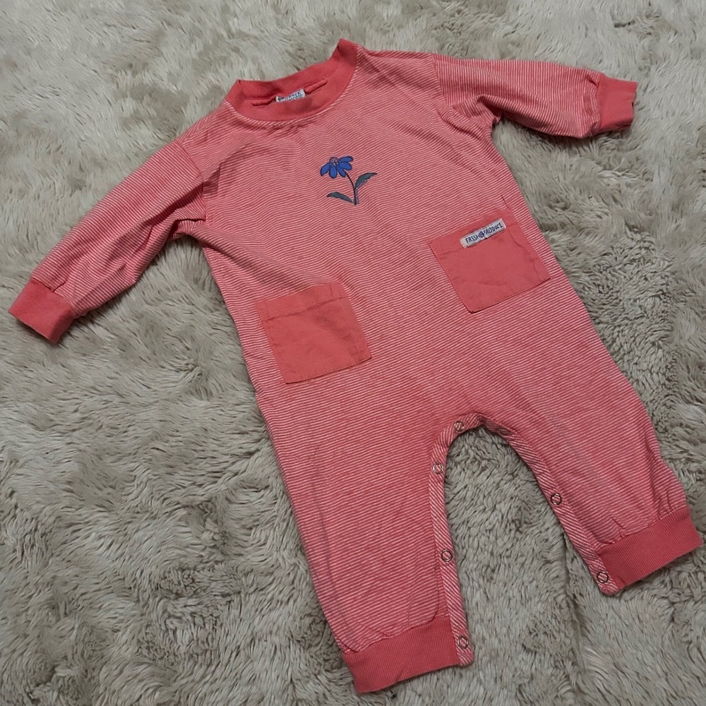 Fresh Produce Vintage 1999 Striped Romper Coral Pink Flower Cotton 18 Months USA